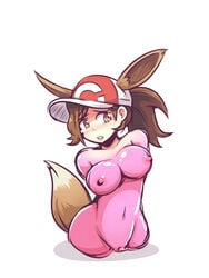 1girls 2018 amputee animal_humanoid blush bodily_fluids breasts brown_hair clothing cosplay disability eevee eevee_(cosplay) elaine_(pokemon) female hair hat headgear headwear humanoid inanimate_transformation inksgirls living_cock_sleeve living_sex_toy mammal mammal_humanoid navel nintendo nipples pokémon_(species) pokemon pokemon_(cosplay) pokemon_lgpe pokemon_rgby quadruple_amputee sex_toy_transformation simple_background solo tears transformation video_games what white_background