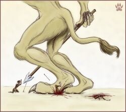 absurd_res anthro battle border claws crush feet felid feline gore hi_res hindpaw human lion macro male mammal micro pantherine paws red_border shiraclawr stomping toes trampling