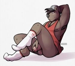 2017 anthro armpit_tuft artist_name athletic athletic_male ball_tuft balls baseball_cap bear black_nose brown_hair cheek_tuft chest_tuft clothing d3mo facial_tuft footwear foreskin foreskin_play genitals hair half-erect hand_behind_head hat headgear headwear holding_penis looking_down looking_down_at_genitalia looking_down_at_penis male mammal nipples pecs penis raised_leg removing_socks shaded short_hair simple_background sitting sleeveless_shirt slight_smile socks soft_shading solo text tuft white_background