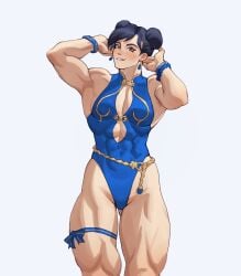 1girls black_hair boob_window capcom chun-li encariah1 hairbuns light-skinned_female light_skin muscular muscular_female one-piece_swimsuit street_fighter swimsuit thigh_strap white_background