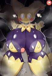 2024 5_fingers absurd_res anthro areola areola_slip artist_name big_breasts biped black_tail blush blush_lines bodily_fluids breasts clothed clothing collar digital_drawing_(artwork) digital_media_(artwork) duo eyelashes faceless_character faceless_male female fingers front_view generation_7_pokemon genital_fluids genitals glistening glistening_body glistening_breasts glowing glowing_eyes heart_symbol hi_res huge_breasts humanoid_genitalia humanoid_penis imminent_sex looking_at_viewer male male/female mimikyu multicolored_body nintendo nipple_outline nude nude_male on_bottom on_top outline patreon penis pokemon pokemon_(species) precum purple_body tail text thick_thighs two_tone_body underwear wide_hips woebeeme yellow_body
