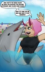 3_eyes 5:8 breasts cetacean clothing dolphin english_text exhibitionism female female_on_feral feral gradient hair hi_res horn mammal marine medium_breasts multi_eye pink_hair pool public public_sex risky_sex scorchedrose9 sex short_hair side_shave speech_bubble swimsuit_only swimwear tail terebi text toothed_whale zoophilia