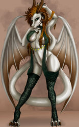 4_horns anthro beads belly breasts clothing dragon esil feathers female genitals hi_res horn lingerie multi_horn navel nipples pinup pose pussy scales scalie seductive serratia solo toned_female transparent_fabric watermark western_dragon white_body white_scales wide_hips wings