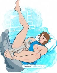 anal_sex anonymous_male blushing brown_hair censored cum_on_chest epic_the_musical gay hairy_armpits half_dressed holding_clothing lying_on_back male pale_skin pleasure_face statue submission telemachus telemachus_(epic_the_musical)