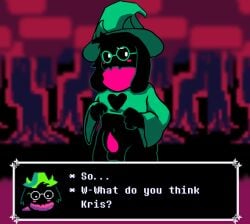 1boy deltarune english_text male male_only penis ralsei ralsei_with_black_fur showing_off showing_penis solo text
