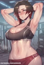 1girls ai_generated arms_behind_head big_ass big_breasts big_butt big_thighs black_hair blush breasts crop_top female female_only grey_eyes gym gym_uniform huge_ass huge_breasts huge_butt huge_thighs multicolored_hair ruby_rose rwby solo sports_bra sportswear standing sweat sweatdrop wanuze wide_hips