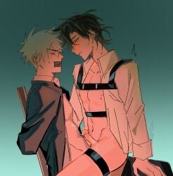 2boys anal bare_pectorals belt black_belt black_hair black_jacket black_pants blonde_hair blue_background blush bondage bondage bottomless bound censored chair cheng_xiaoshi chest_harness clenched_teeth closed_eyes clothes_pull collarbone collared_shirt cum cum_on_body cum_on_male cum_on_stomach ejaculating_while_penetrated ejaculation erection gag gagged gradient_background harness highres improvised_gag jacket looking_at_another lu_guang male_focus multiple_boys navel nipples on_chair open_clothes open_jacket open_mouth open_shirt pants pants_pull parted_lips pectorals penis ponytail profile sex shannontay67979 shiguang_dailiren shirt short_hair short_ponytail simple_background sitting sitting_on_lap sitting_on_person straddling sweat tape tape_gag teeth thigh_strap uncensored upright_straddle white_hair white_shirt yaoi