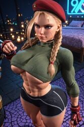 1girls 3d 3d_(artwork) abs ai_generated beret big_ass big_breasts blonde_female blonde_hair booty_shorts braided_hair busty cammy_white muscular_female radnsad solo solo_female solo_focus street_fighter street_fighter_6 sweater thick_thighs twin_braids underboob