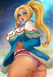 ai_generated bimbo blonde_hair blue_eyeshadow fatal_fury feminization hypnosis king_of_fighters lily_hawk lily_hawk_(cosplay) mascara red_lipstick rule_63 sano-br snk street_fighter terry_bogard
