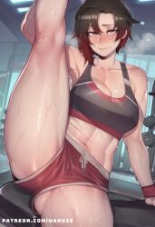 1girls ai_generated big_ass big_breasts big_butt big_thighs black_hair blush breasts crop_top female female_only grey_eyes gym gym_uniform huge_ass huge_breasts huge_butt huge_thighs multicolored_hair one_leg_up ruby_rose rwby sitting solo sports_bra sportswear sweat sweatdrop wanuze wide_hips