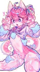 absurdres ahoge animal_ears animal_hands blue_eyes cat_tail clothes_lift disembodied_hand female flat_chest furry furry_female grabbing_another's_arm grabbing_another's_tail grabbing_another's_thighs hair_ornament hairclip heart highres magic_dream00 nipples open_mouth pink_hair purple_ribbon ribbon sailor_collar sailor_shirt shirt shirt_lift short_hair tail tears thighhighs tongue