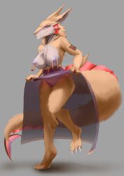 1girls absurd_res anthro big_breasts big_tail bottomwear breasts chastity chastity_belt chastity_device claws clothed clothing digital_media_(artwork) digital_painting_(artwork) fancy_clothing female female_chastity female_only fin fish_tail fluffy fluffy_chest fluffy_tail fur gold_(metal) hi_res hybrid long_ears long_skirt makeup multicolored_body multicolored_fur neck_tuft nipple_piercing nipples painting_(artwork) piercing provocative raised_bottomwear raised_clothing raised_leg raised_skirt red_eyes sergal skirt solo step_pose swerdgh3415 tail tattoo toe_claws translucent translucent_clothing tuft xirgix_natsumi