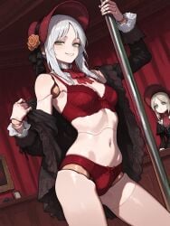1girls ai_assisted ai_generated background black_clothing bloodborne bonnet bra breasts character_name collar curvy_female curvy_figure doll doll_girl doll_joints female female female_focus female_only fromsoftware green_eyes lingerie looking_at_viewer panties plain_doll pole pole_dancing pose posing posing_for_the_viewer red_lingerie semi_nude smile smiling smiling_at_viewer underwear undressing undressing_self video_game video_game_character video_game_franchise video_games voluptuous white_hair
