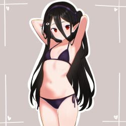 adorable alessia_ara alessiaara_vtuber armpits arms_behind_head arms_up ass bangs belly belly_button bikini bikini_bottom bikini_top black_hair bow breasts breasts close-up clothed clothing cute ecchi elf elf_ears elf_female elf_girl embarrassed embarrassed_female flat_chest flat_chested hair_between_eyes hair_ribbon hairclip indie_virtual_youtuber nervous non-nude red_eyes shy side_ponytail skinny small_breasts small_waist smaller_female solo solo_female solo_focus standing surprised thighs thin_female tiny_breasts vtuber yandere