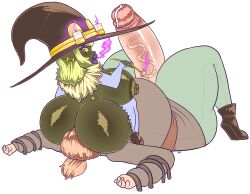aarin_(freamen101) arms_tied ass auburn_hair belly big_belly big_breasts big_butt big_penis bottomwear bound breasts brown_clothing brown_shirt brown_topwear candle clothed clothing colored_fire desbjust duo facesitting fire footwear fur_collar futanari genitals goblin green_hair hair hat headgear headwear heart_eyes heart_symbol hi_res huge_cock human humanoid hyper hyper_genitalia hyper_penis intersex leggings legwear magic_user male mammal nipples pants penis purple_eyes purple_fire roots shirt shoes short_stack sitting_on_another skimpy smoking smoking_pipe spee'nuf_(desbjust) topwear vein veiny_penis witch witch_hat yellow_sclera