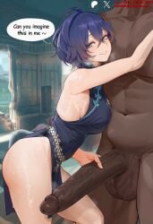 1boy 1girls ahoge ai_generated ass bangs bare_shoulders belle_(zenless_zone_zero) blue_hair blush breasts china_dress chinese_clothes clothed_female clothed_female_nude_male clothing crossed_bangs dark-skinned_male dark_skin dress duxvector english_language english_text erection female green_eyes hair_between_eyes handjob hoyoverse huge_cock interracial large_breasts large_penis large_testicles looking_at_viewer male mihoyo muscle navel netorare nipples ntr nude nude_male pelvic_curtain penis penis_grab short_hair sideboob sleeveless smile solo_focus standing straight sweat testicles text thick_thighs thighs veins veiny_penis zenless_zone_zero