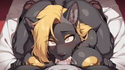 ai_generated anthro black_fur blowjob cum_in_mouth dog_girl female furry gold_nipples heart-shaped_pupils huge_breasts long_hair looking_at_viewer penis_in_mouth pov yellow_hair