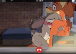 anthro biped bodily_fluids canid canine closed_smile dagasi disney duo eyebrows female fox fur green_eyes grey_body grey_fur grey_tail hi_res judy_hopps lagomorph leporid looking_back male male/female mammal mouth_closed nick_wilde nude nude_anthro nude_female nude_male orange_body orange_fur rabbit short_tail sitting smile sweat tail tan_body tan_fur zootopia