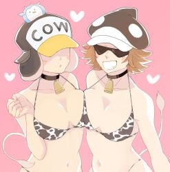 2girls alternate_costume big_breasts blush breast_press brown_hair canon_genderswap cleavage collar covered_eyes cow_ears cow_girl cow_print cow_print_bikini cow_tail cowbell female female_only genderswap_(mtf) grin hat headgear headwear mo_su_o one_piece penguin_(one_piece) pink_background post-timeskip rule_63 shachi_(one_piece) shaded_face short_hair smile sunglasses