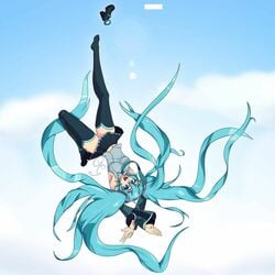 1girls armpits belly belly_button blue_eyes blue_hair breasts clothed hands_up hatsune_miku in_the_air outwardgalaxy skirt thick_thighs thighhighs upside-down vocaloid