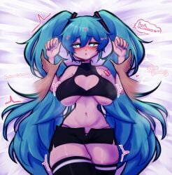1boy 1girl aroused blush breasts breasts_apart english_text female from_above half-closed_eyes hatsune_miku heart-shaped_cutout heart-shaped_pupils horny horny_female hourglass_figure huge_breasts in_heat irthnmoon male mating_press naughty_face navel on_back on_bed pov signature slender_waist small_waist text thick_thighs thighhighs tremble_spikes triangle_mouth vocaloid wide_hips
