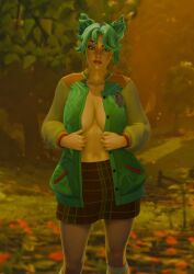 1girls blue_hair breasts cleavage female forest fortnite fortnite:_battle_royale jacket_open jade_(fortnite) looking_at_viewer nude_underneath perete serious_face serious_look skirt sweat sweating_female sweaty sweaty_body sweaty_breasts wanting_sex wet wet_skin