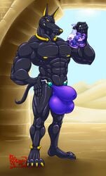 2020 4_toes 5_fingers abs anthro anubian_jackal balls biceps big_balls big_muscles black_body black_nose black_skin bodily_fluids bulge canid canine canis capcom claws clothing condom darkstalkers duo fingers gallon genital_fluids genitals goo_creature hi_res holding_condom holding_object huge_balls hungothenomster inside_balls jackal jon_talbain latex_skin male male_only mammal micro muscular muscular_male muscular_thighs penile penis sexual_barrier_device size_difference standing tight_underwear toe_claws toes underwear vampire_savior video_games were werewolf wolf