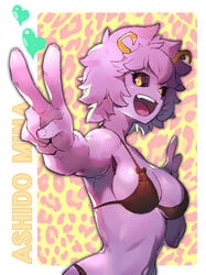 1girls abs armpits bikini black_sclera cleavage coon_(artist) double_v female heart horns looking_at_viewer mina_ashido my_hero_academia open_mouth pink_hair pink_skin pov shiny_skin short_hair sideboob solo source_request swimsuit v yellow_eyes