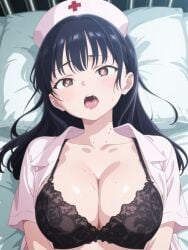 1girls ahe_gao ai_generated bangs black_bra black_hair boku boku_no_kokoro_no_yabai_yatsu bra breasts brown_eyes cleavage heart-shaped_pupils lace_bra large_breasts looking_at_viewer lying missionary_position mole_on_neck nurse nurse_cap on_back open_clothes open_mouth saliva short_sleeves solo sweat underwear yamada_anna