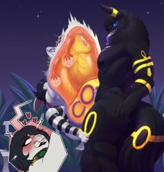 absurd_res anthro anubis anubis_rose_(character) arm_tattoo ass balls big_balls big_dom_small_sub bulge butt_tattoo canid canine chest_tattoo collar cybernetic_arm cybernetic_limb cybernetics deity dominant duo eeveelution egyptian_mythology eyewear forearm_tattoo forearms generation_2_pokemon genitals glasses glowing glowing_genitalia glowing_markings glowing_tattoo glowing_tongue hi_res huge_balls hyper hyper_abdominal_bulge internal intersex intersex/male kafiro_element lagomorph leporid long_tongue looking_pleasured machine male male/male mammal markings middle_eastern_mythology multi_ovaries multi_womb muscular muscular_male mythological_canine mythological_creature mythology nintendo ovaries papaya_(character) papayathebun penetration penis pokemon pokemon_(species) rabbit ridiculous_fit sex size_difference small_penis stomach_bulge tail tattoo text tongue tongue_out umbreon uterus werecanid werecanine werecreature werewolf x-ray_view
