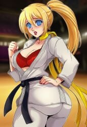 ai_generated bimbo blonde_hair blue_eyeshadow fatal_fury feminization hypnosis king_of_fighters makoto_(street_fighter) makoto_(street_fighter)_(cosplay) mascara red_lipstick rule_63 sano-br snk street_fighter terry_bogard