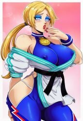 ai_generated bimbo blonde_hair blue_eyeshadow fatal_fury feminization hypnosis king_of_fighters manon_legrand manon_legrand_(cosplay) mascara red_lipstick rule_63 sano-br snk street_fighter terry_bogard