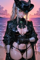 1girls ai_assisted ai_generated background bandage bandaged_arm beach beach_background bikini black_bikini black_clothing bloodborne bra breasts character_name collar curvy_female curvy_figure female female female_focus female_only fromsoftware gloves goth_girl green_eyes lady_maria_of_the_astral_clocktower lingerie looking_at_viewer panties pose posing posing_for_the_viewer sea socks stockings tricorne video_game video_game_character video_game_franchise video_games voluptuous white_hair