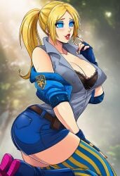ai_generated bimbo blonde_hair blue_eyeshadow fatal_fury feminization hypnosis king_of_fighters lucia_morgan lucia_morgan_(cosplay) mascara red_lipstick rule_63 sano-br snk street_fighter terry_bogard