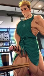 1boy abs apron apron_lift apron_only ass_visible_through_thighs balls_out bara barista beefy biceps big_penis blonde_hair bottomless brand_name_imitation brown_eyes brown_hair cafe ceiling ceiling_light censor_bar censored censored_penis coffee coffee_cup collarbone cum_in_cup drinks dyed_hair erection foreskin foreskin_folds frown gay hi_res holding_penis huge_cock hunk indoors izukonohito looking_down male male_only manly masturbation mature_male multicolored_hair muscles muscular muscular_arms muscular_legs muscular_male muscular_thighs nipple_play original original_character pantsless penis_out pinching_nipples pink_glans pointless_censoring practically_nude precum precum_drip pubic_hair quadriceps resisting retracted_foreskin server solo solo_male standing thick_eyebrows thick_penis two_tone_hair uncircumcised uncut unhygienic veiny_penis waiter yaoi
