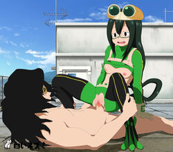 1boy 1boy1girl 1girls age_difference areolae arm_support black_eyes black_hair bodysuit boots breasts censored clothed_female_nude_male cowgirl_position exposed_breasts exposed_pussy facial_hair female glasses gloves goggles goggles_on_head green_hair hero_outfit_(mha) long_hair lying_on_back male moaning mosaic_censoring my_hero_academia nipples no_panties older_male open_clothes ripped_clothing rooftop shiroi_nezumi shouta_aizawa sitting sitting_on_lap sitting_on_person small_breasts straight teacher_and_student torn_clothes tsuyu_asui vaginal_insertion vaginal_penetration vaginal_sex younger_female