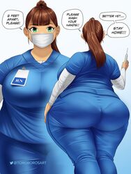 1girls ass ass_focus big_ass big_breasts breasts brown_hair chubby clothed doctor female female_only green_eyes huge_ass mask nurse pantylines scrubs speech_bubble text thick_thighs tight_clothing toroboro watermark wide_hips