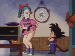 1boy1girl animated bulma_briefs dragon_ball dragon_ball_(classic) dress_lift edit flashing going_commando no_panties nude_filter pussy pussy_peek skirt_lift smaller_male son_goku son_goku_(young) vagina younger_female