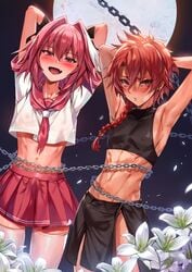 2boys alexander alexander_(fate/grand_order) astolfo_(fate) braid chain erection erection_under_clothes fate/grand_order fate_(series) femboy flower looking_at_viewer male male_focus midriff moon navel nipples_visible_through_clothing oerba_yun_fang open_mouth pink_hair pleated_skirt rainmaker sailor_collar skirt thighhighs trap