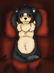 anthro bed bedding black_body black_fur blanket blush darknetic digital_media_(artwork) front_view fur furniture genitals green_eyes hi_res kuma_(darknetic) laying_on_bed male mammal penis pillow solo ursid yellow_body yellow_fur