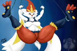 1girls abs absurd_res anthro anthrofied bondage bound breasts buckteeth cinderace evolution female furry greey hi_res lagomorph leporid mammal nintendo nipples pokémon_(species) pokemon pokemon_ss remake solo spread_legs spreading switch_dog teeth text thick_thighs video_games watermark wide_hips