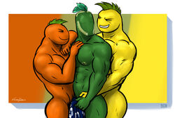 3boys abs abstract_background anal anthro apple ass bara bgn flora_fauna food food_creature fruit gay group keyth_(bgn) living_fruit male male_only muscular plant text watermark yaoi