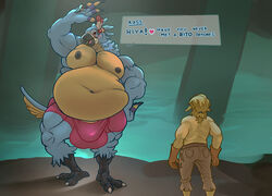 2boys 3_toes anthro avian balls barely_visible_genitalia barely_visible_penis beak belly big_balls big_belly big_bulge big_penis blonde_hair blue_body blush breath_of_the_wild bulge claws clothed clothing dialogue duo english_text feathers gay genitals gesture hair hand_on_hip heart hi_res humanoid hylian kass_(zelda) long_hair male male/male male_only moobs mostly_nude multicolored_body musclegut muscular muscular_male nintendo nipples overweight overweight_male penis ponytail rito size_difference smile standing steen tail_feathers text the_legend_of_zelda toe_claws toes topless two_tone_body underwear video_games waving yellow_body