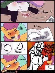 ! 2014 ? after_sex angry anthro anus ass blush bodily_fluids boltswift comic equid female friendship_is_magic genital_fluids genitals hasbro heart hi_res kneeling mammal my_little_pony no_underwear pussy pussy_juice scootaloo_(mlp) smooth_skin sweetie_belle_(mlp)