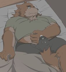 2020 anthro bed belly bodily_fluids brown_body brown_fur canid canine canis closed_eyes clothing cum cum_through_clothing cute_fangs domestic_dog erection erection_under_clothing fur furniture genital_fluids humanoid_hands kemono lying male male_only mammal on_back overweight overweight_male pillow shirt sleeping solo tenting topwear tora_oekaki wet wet_clothing wet_dream