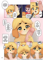 amadeen animal_crossing animal_crossing_boy anthro blush bodily_fluids breasts canid canine canis clothed clothing comic dialogue domestic_dog drooling duo english_text erection fellatio female first_person_view fur genitals green_eyes hair handjob heart hi_res holding_penis human human_on_anthro interspecies isabelle_(animal_crossing) kneeling looking_at_penis looking_at_viewer male male_pov mammal nintendo one_eye_closed open_mouth oral penile penis penis_awe penis_on_face saliva sex shih_tzu straight sweat teeth text tongue tongue_out toy_dog undressing unzipped_pants unzipping video_games villager_(animal_crossing) yellow_body yellow_fur zipper