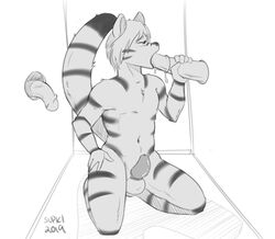 anthro bodily_fluids chastity_cage chastity_device cum dripping felid genital_fluids glory_hole male male/male mammal oral pantherine sucking supki tiger