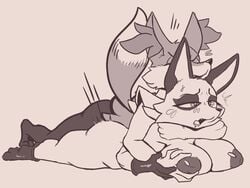 1boy 1girls anthro anthrofied ass big_breasts bodily_fluids braixen breast_grab breast_squish breasts cooliehigh duo female from_behind_position furry hand_on_breast hi_res interspecies larger_female laying_on_breasts male male_braixen monochrome nickit nintendo nipples pokémon_(species) pokemon pokemon_(species) pokemon_ss pokemon_xy prone_bone sex size_difference smaller_male speed_bump_position squish straight sweat thrusting video_games