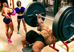 1boy 2girls 3d :o artist_request bench_press biceps big_bulge bimbo bodybuilder bulge dumbbell extreme_muscles extreme_weightlifting fit_female huge_breasts huge_cock huge_muscles human hyper_breasts hyper_bulge hyper_penis larger_male looking_at_penis midriff muscles muscular_male muscular_thighs pecs penis_awe pink_footwear shorts sideboob size_difference steroids tank_top topless_male training weightlifting workout