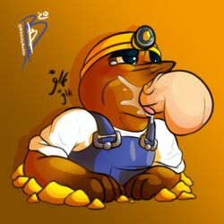 2020 animal_crossing anthro backsack balls bibbidy blue_eyes blue_overalls bodily_fluids brown_background brown_body brown_fur cheek_bulge clothed clothing cum cum_in_mouth cum_inside deep_throat disembodied_penis eulipotyphlan fur genital_fluids genitals headgear hi_res male male/male mammal mining_helmet mole_(animal) mr._resetti neck_bulge nintendo oral oral_penetration overalls penetration penis rock saliva shirt signature simple_background solo_focus tongue tongue_out topwear vein video_games whiskers white_body white_clothing white_shirt white_skin white_topwear